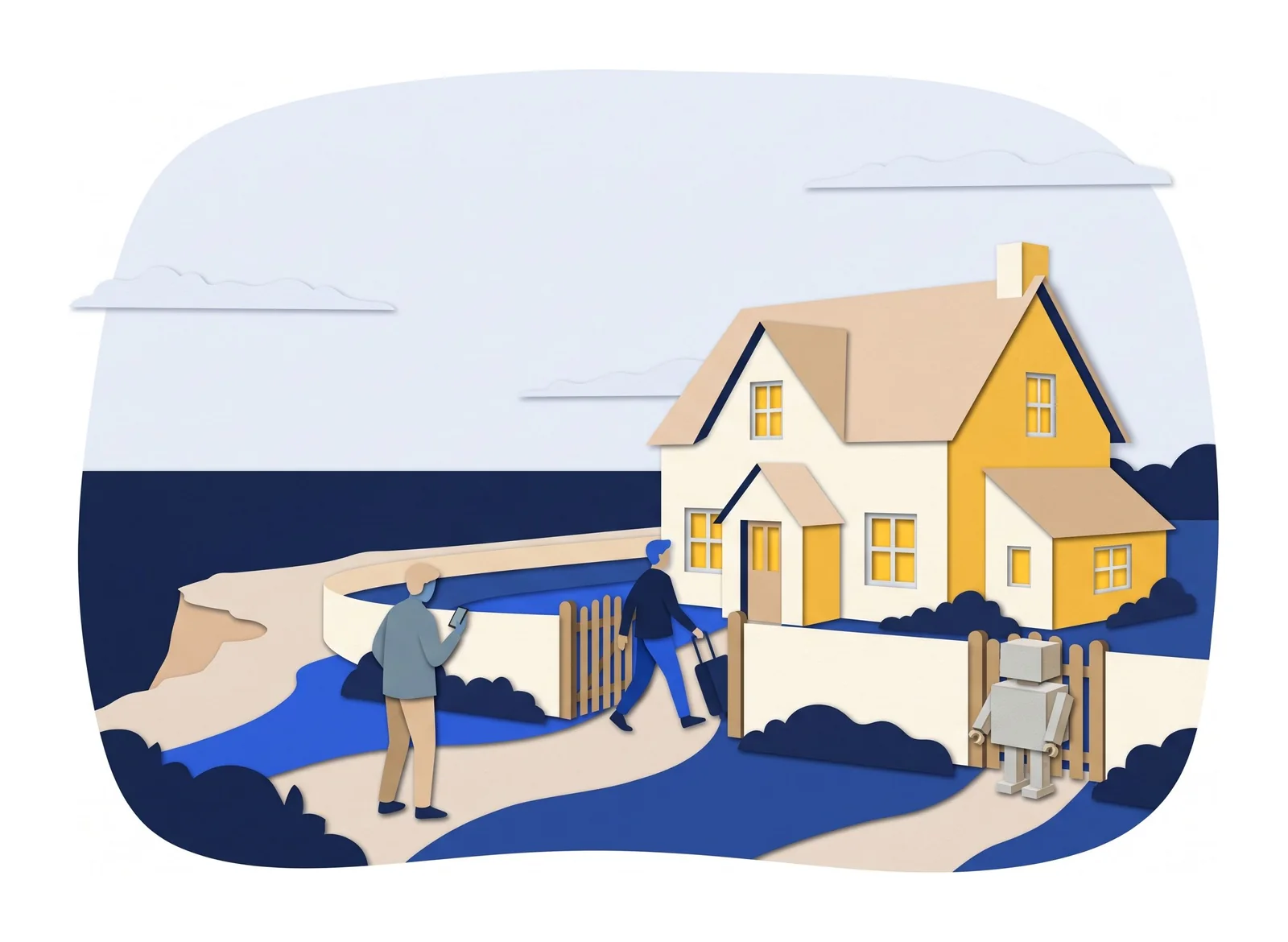 Three guests at a seaside holiday cottage one evening: one walks in with a suitcase, one hesitates on the path looking at a phone, and a cardboard robot waits outside a closed gate.