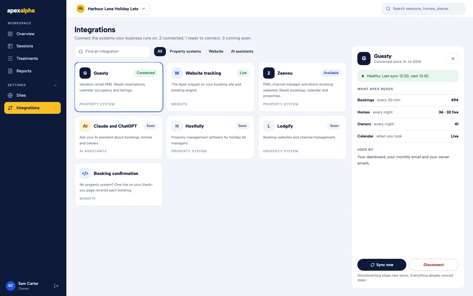 The Integrations page: Guesty connected, website tracking live, Zeevou available, and what ApexAlpha reads.