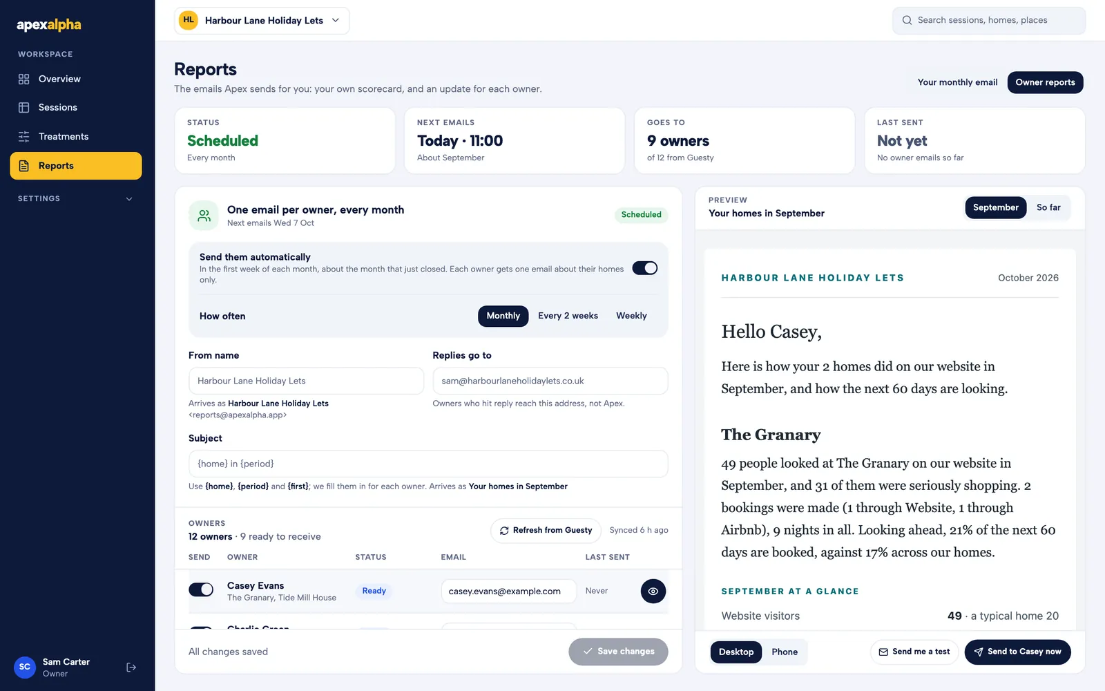 The owner reports: the settings, the list of owners, and a preview of one owner’s letter.
