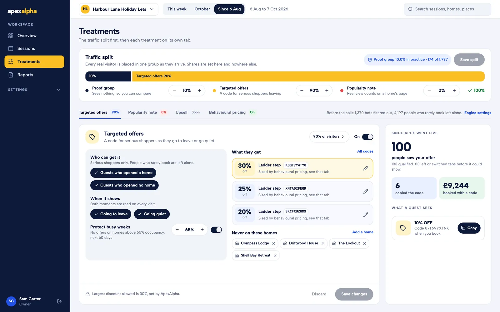 The Treatments page: the traffic split, who can get an offer, when it shows, the codes, and what a guest sees.